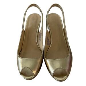 Nine West Womens 7M Heels Wedge Sandals Gold Metallic Slingback Cruise Wear